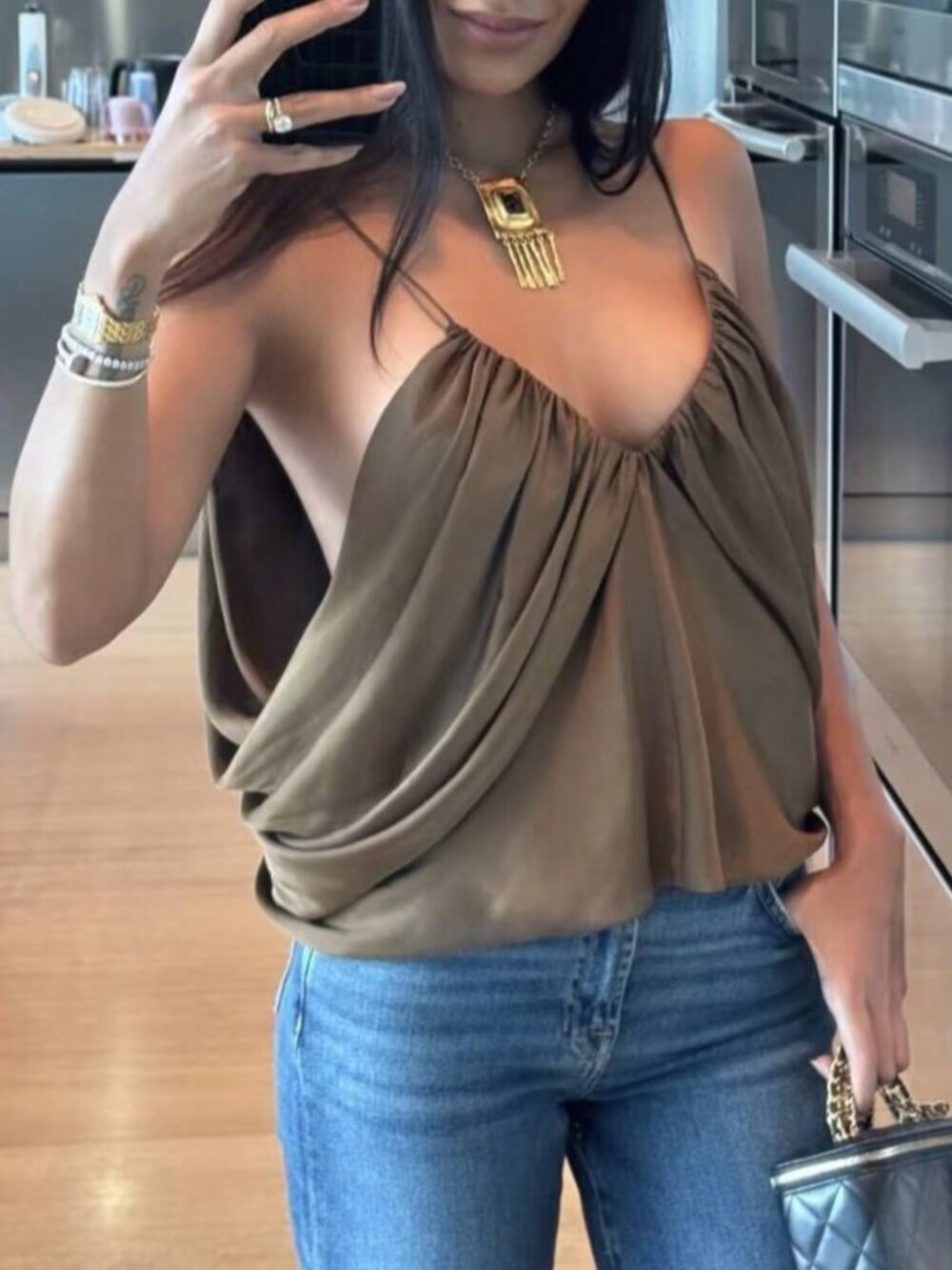 Brown Casual Women's Sexy Satin Pleated Camisole Top